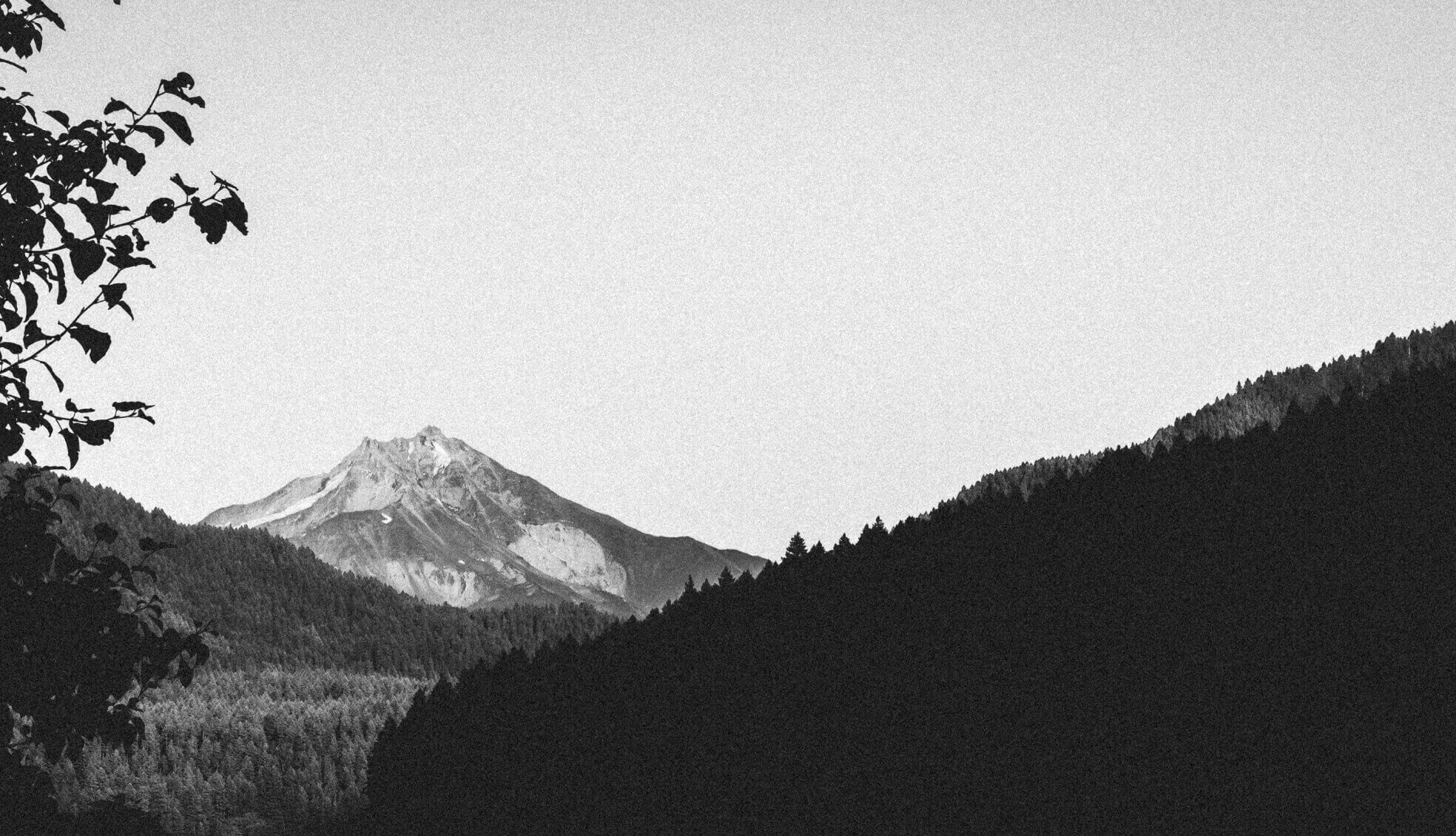 Greyscale picture with dark, tree covered mountain in the foreground while a snowy mountain is in the background